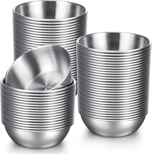 Tanlade 50 cuencos de metal redondos de acero inoxidable para condimentos, mini platillos, platos pequeños para sushi, platos de preparación de
