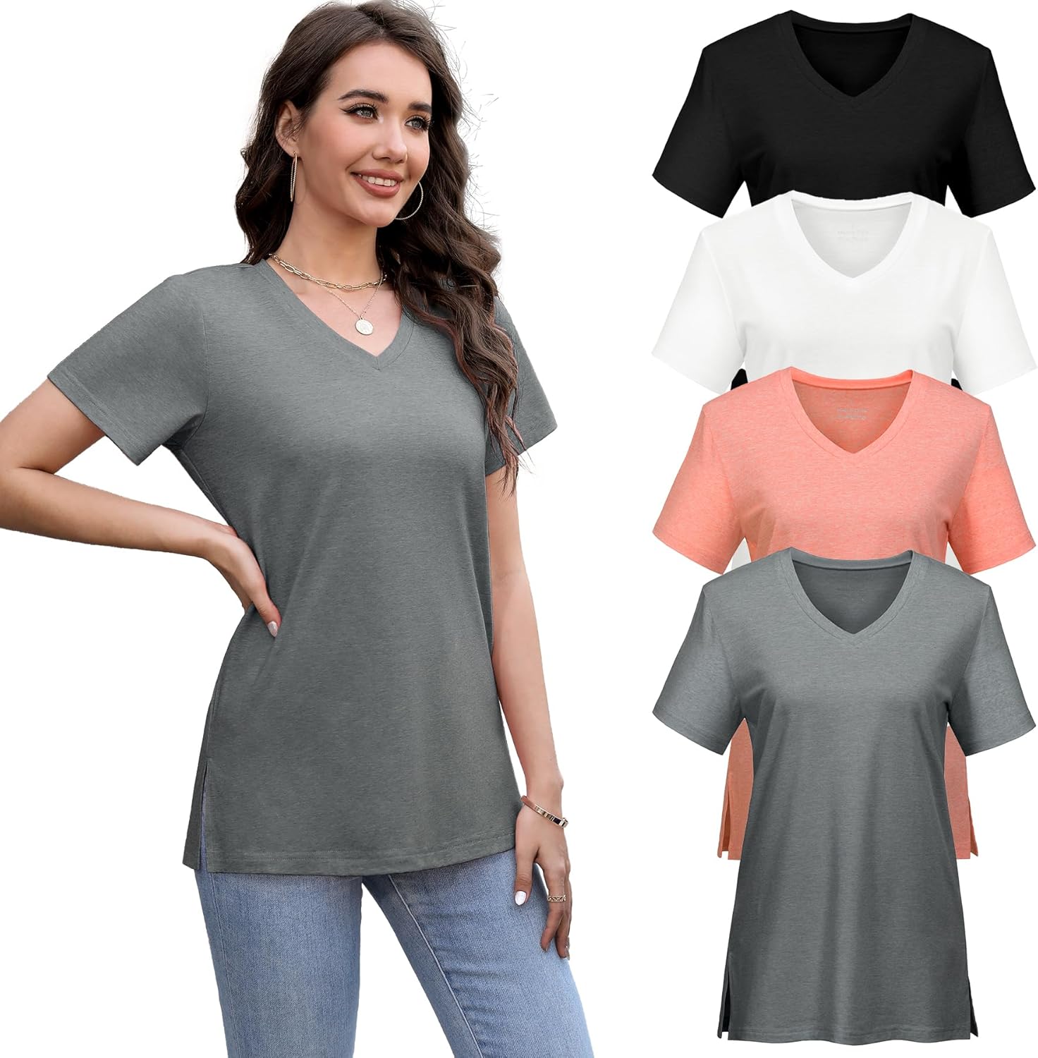 VILIGO Womens 4 Pack V Neck Short Sleeve T Shirts Casual Loose Fit Tops Flowy Basic Tee Side Split Outfits Clothes