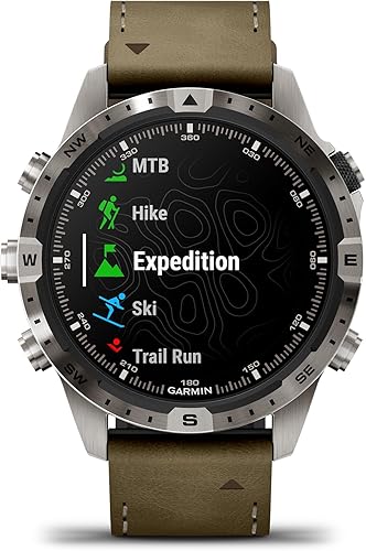 Miniatura 6 de Garmin MARQ Adventurer (Gen 2) Reloj inteligente, funda de titanio, lente de zafiro, pantalla AMOLED, navegación al aire libre, correa de cuero/FKM