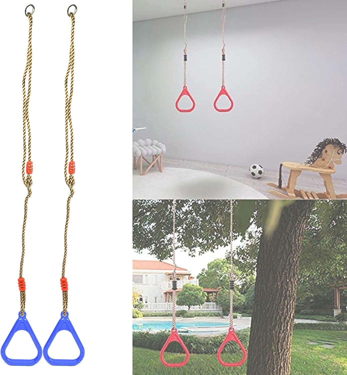 Trapeze Swing Rings, Gymnastic Rings, Pull Up Exercise Rings with Adjustable Ropes for Home Gym Playground Warrior Obstacle Course Training Workout (Blue)