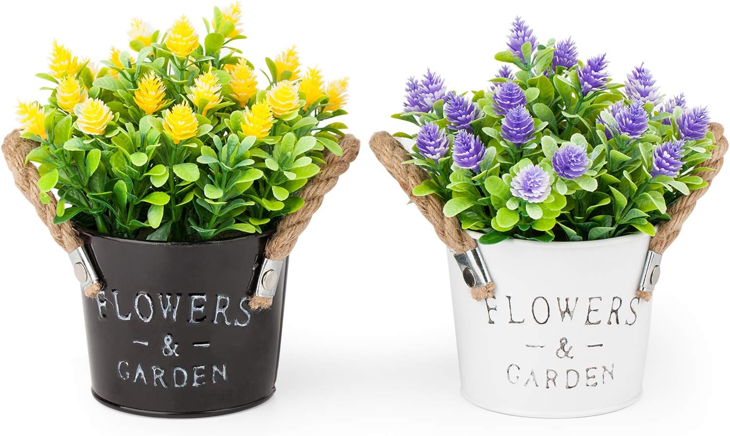 2 PCS Artificial Potted Plants Mini Fake Plants in Rustic Metal Pot Small Artificial Plants House Plants for Home Desk Shelf Office Kitchen Bathroom Decor Purple and Yellow – Set of 2