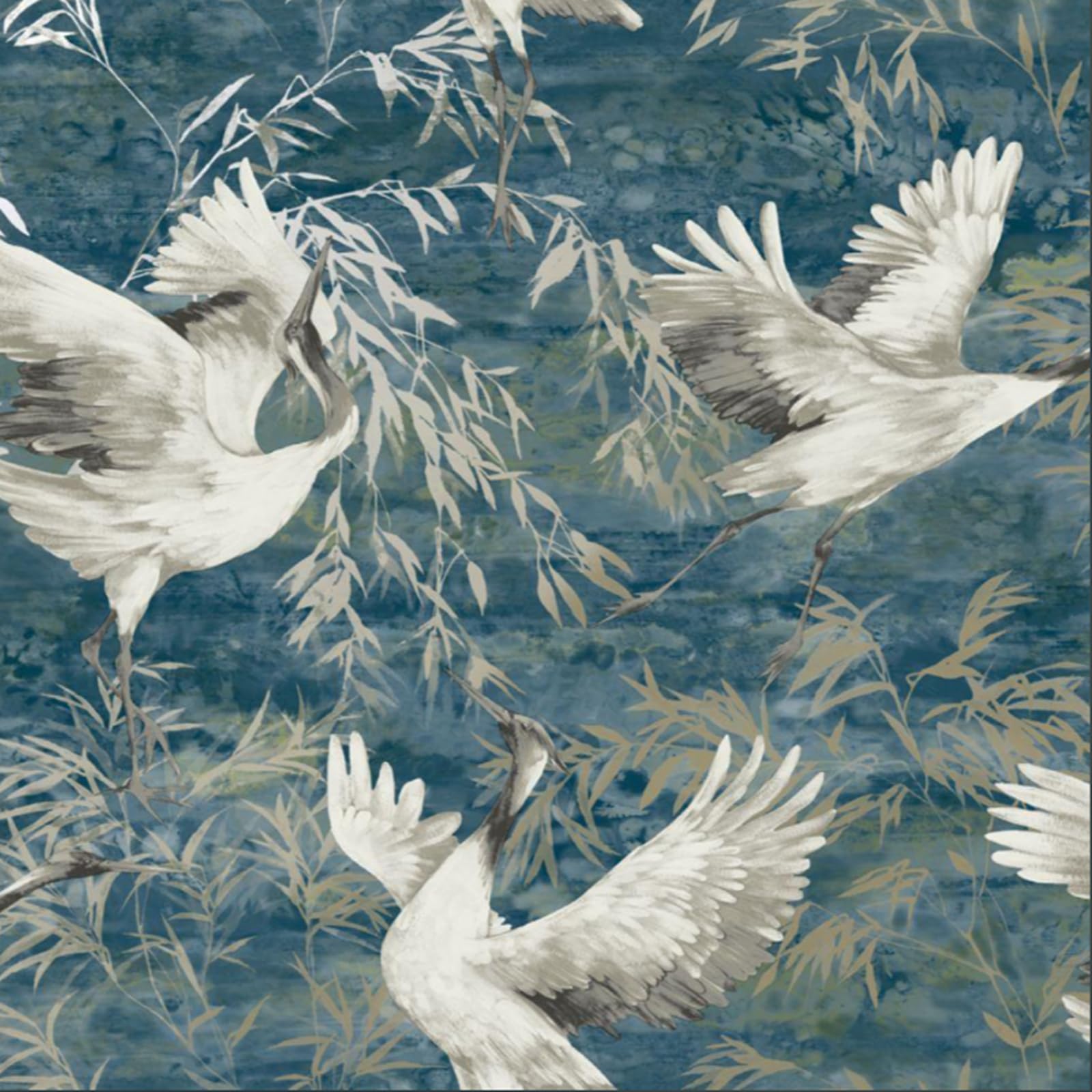 Sophie Laurence Teal Blue Gold Teal Blue Cranes Wallpaper For Living Room Textured Gold Metallic Shimmer Vinyl Heavy Weight