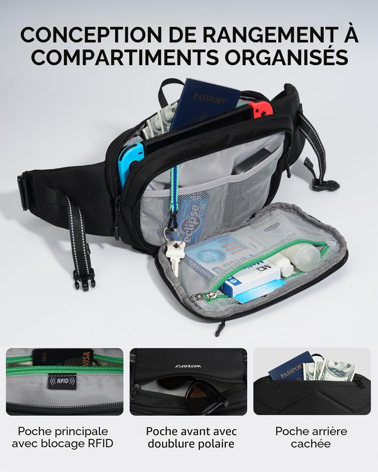 WATERFLY Sac banane : 3 L grand antivol RFID pour le voyage | Ouverture à 180 degrés, 5 poches, nylon, sangle réfléchissante, boucles réglables, randonnée quotidienne, homme et femme