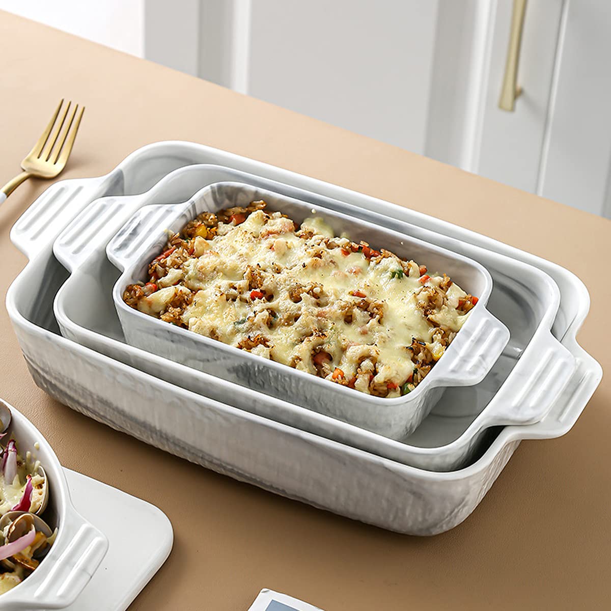 Naczynia do pieczenia w piekarniku, ceramiczne naczynie, porcelanowe naczynia, ceramiczna blacha, nieprzywierająca taca ciasta, foremki lasagne, marmurkowa faktura, zestaw 2 szt(12inch)