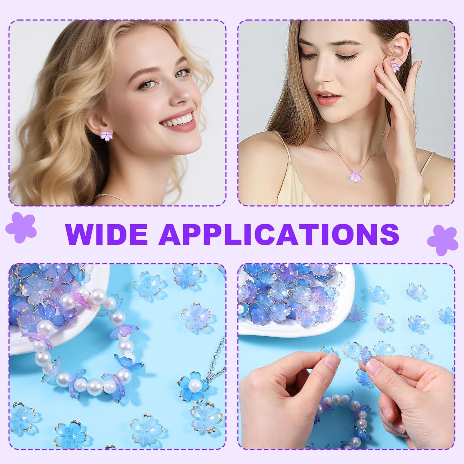 100 Pcs Flower Beads for Jewelry Making Cherry Blossom Beads Flower Petal Bead Cherry Blossom Acrylic Blue Violet Mini Floral Spacer Beads 5-Petal Gradient for Bracelets Necklaces Earrings - Image 3