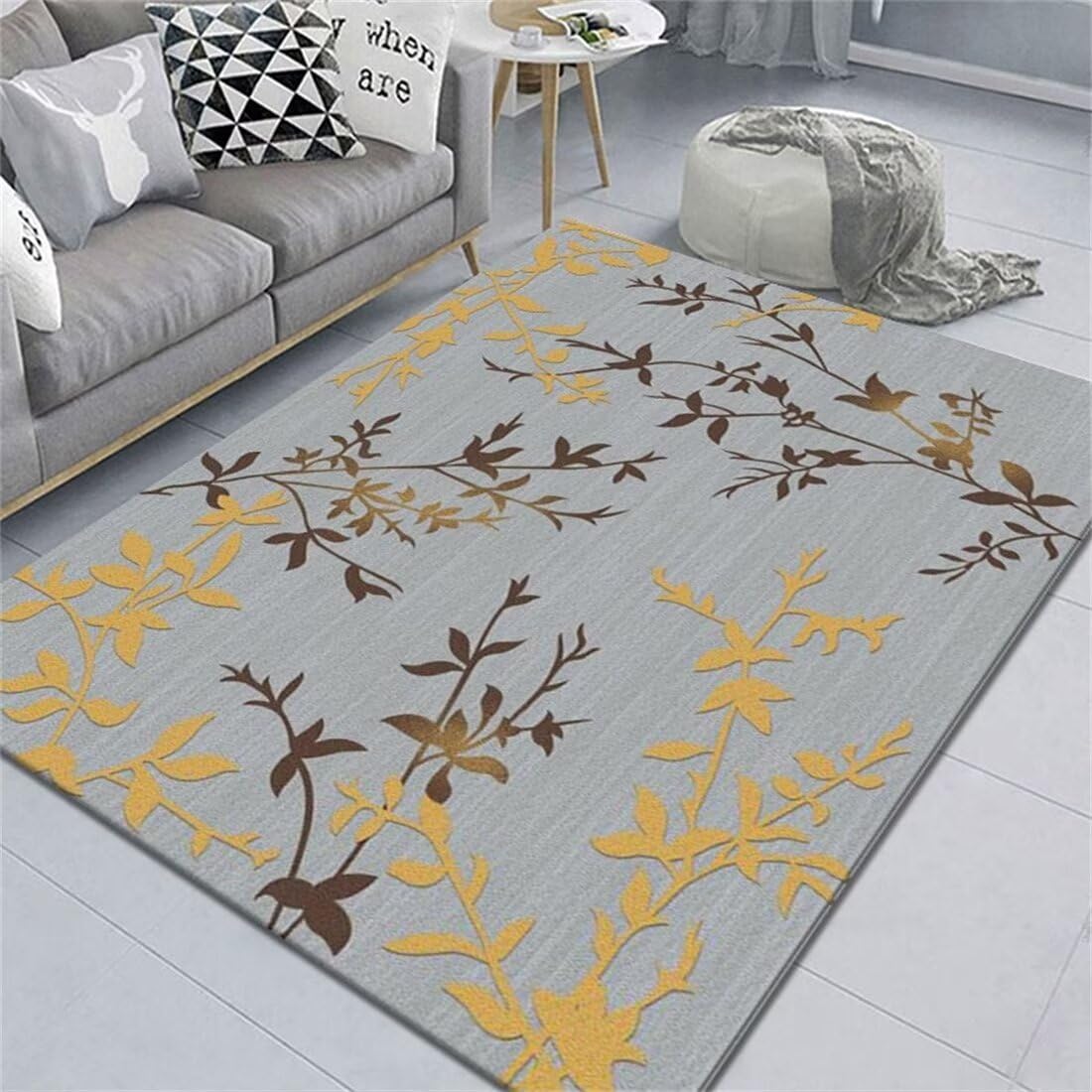 Tapis de salon gris motif feuille 140x200 cm tapis rectangulaire lavable