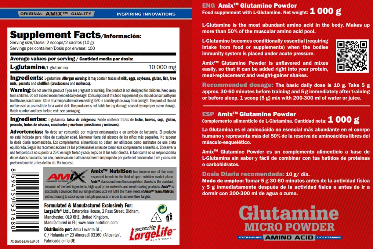 AMIX - Glutamina Polvo - Glutamine - 1 Kg - Contribuye al Desarrollo Muscular - L-Glutamina como Ingrediente Principal - Aporta Aminoácidos Esenciales - Ideal para deportistas