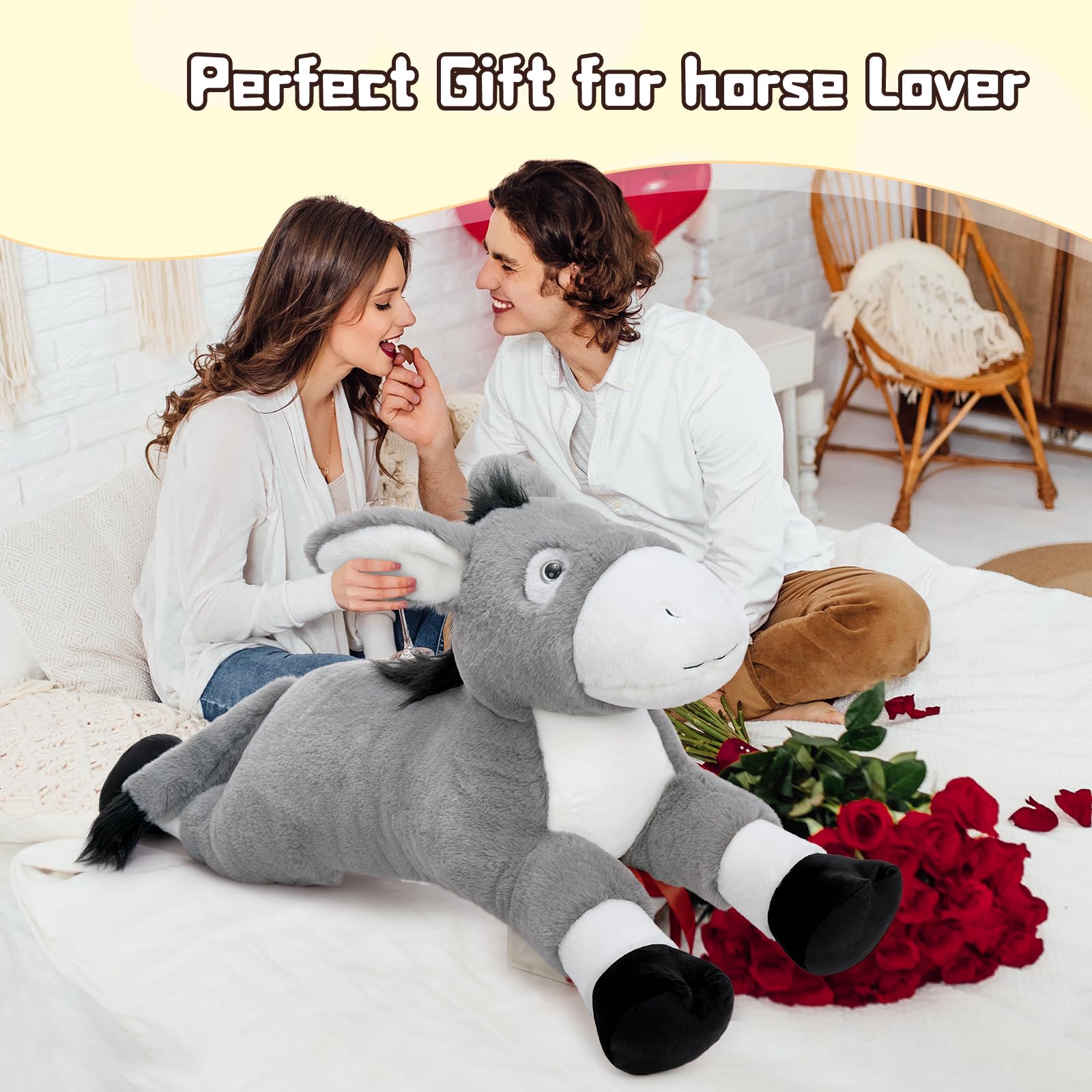 KERTA 43.3inch Giant Donkey Stuffed Animal, Hugging Soft Stuffed Donkey Plush Body Pillow, Realistic Large Farm Animal Plush Toy Gift for Kids 8