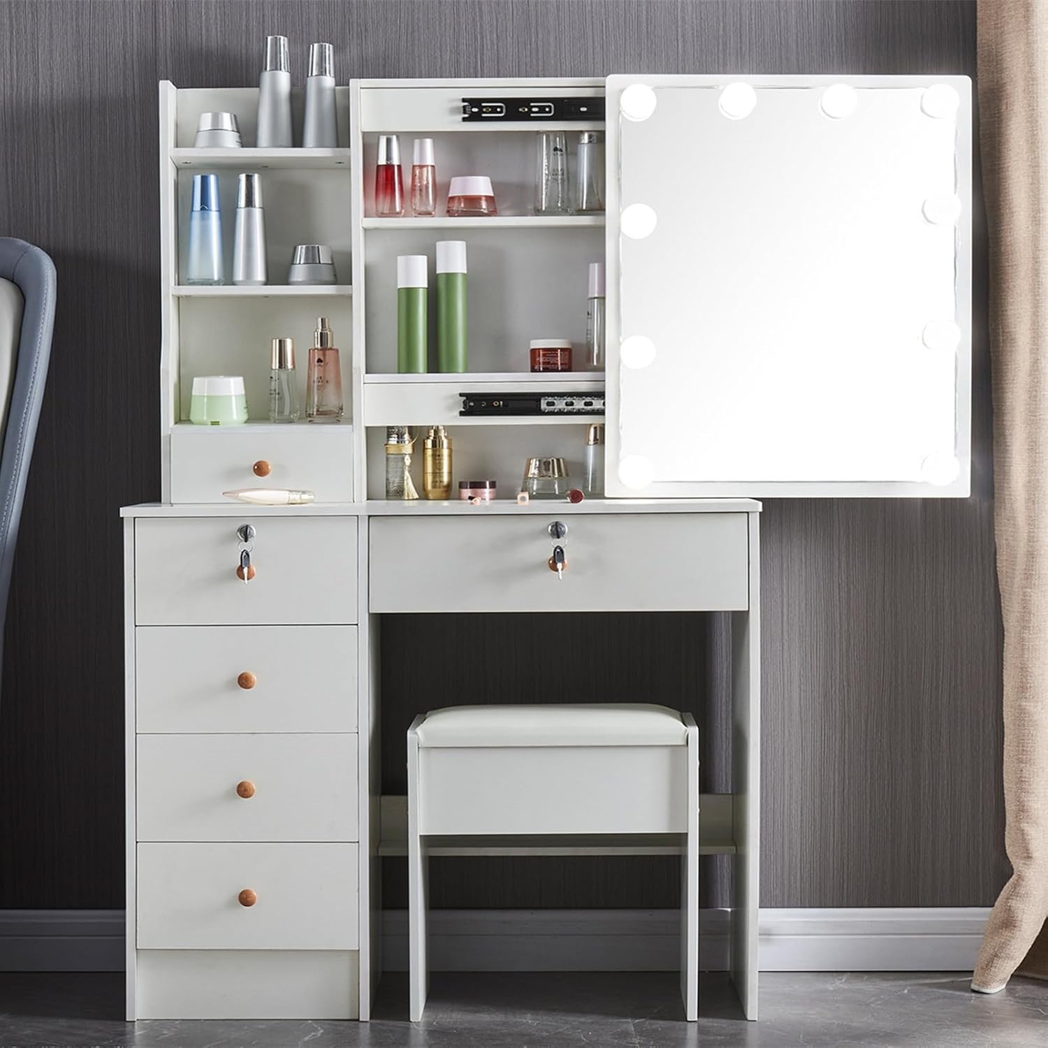 Makeup Vanity Set with Lights & Mirror, Large Vanity Table