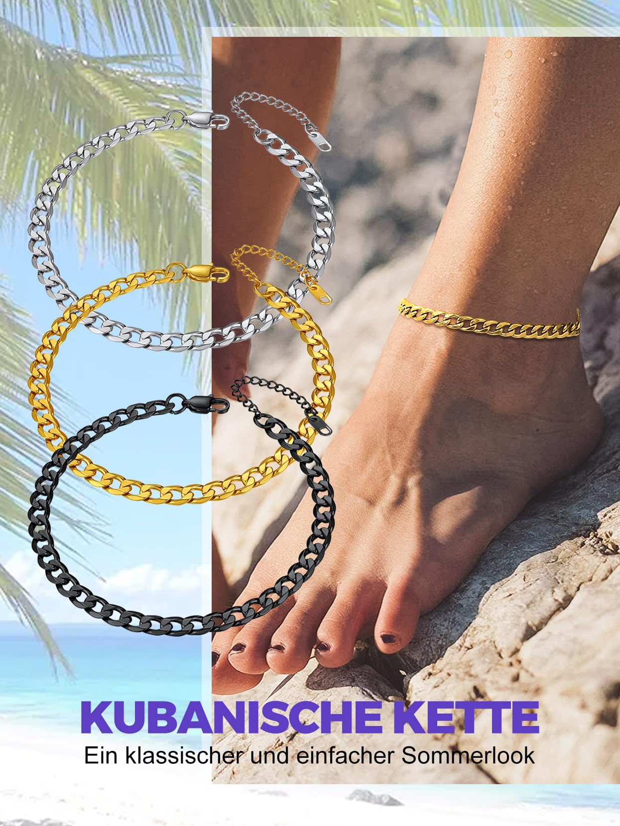 Richsteel Fußkette für damen Sommer Fußkettchen Panzerkette Figarokette Weizenkette Fußschmuck verstellbare Fußkette mit Geschenkebox