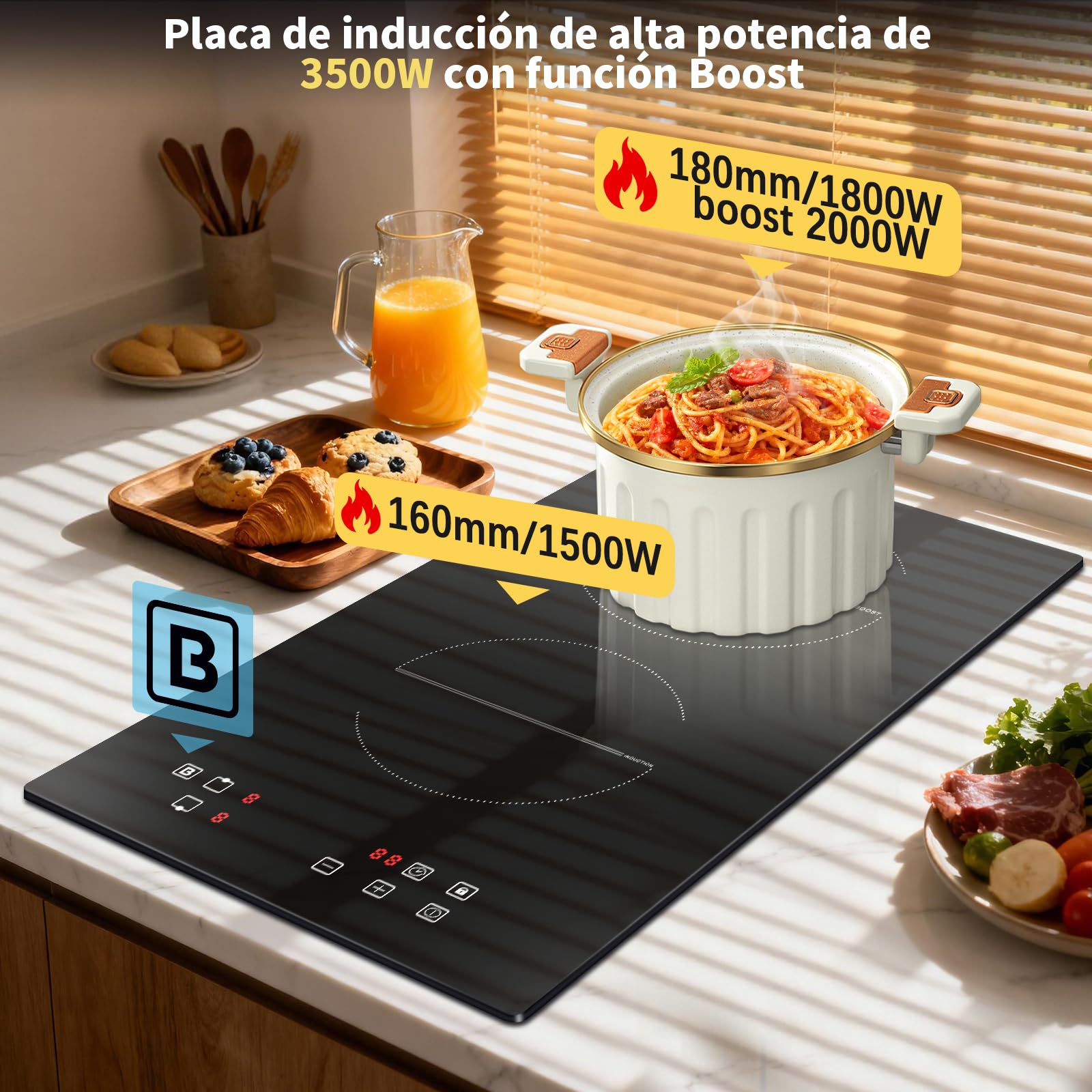 Placa inducción 2 fuegos 3500w, 30cm, Vitroceramica Induccion Empotrable de Función Boost, con 9 niveles de potencia, Temporizador, Bloqueo de Seguridad, Encimera Induccion 220V~240V — view 2
