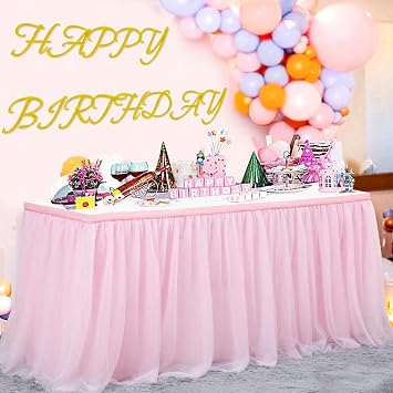 72in Baby Pink Tulle Table Skirts for Rectangle Tables 6ft 4ft, 2-Layer 6 ft Long Gold Grim Princess Pink Ruffle Tulle Tutu Table Skirt Cloth for Girl Birthday Baby Cake DessertNo Table Cover
