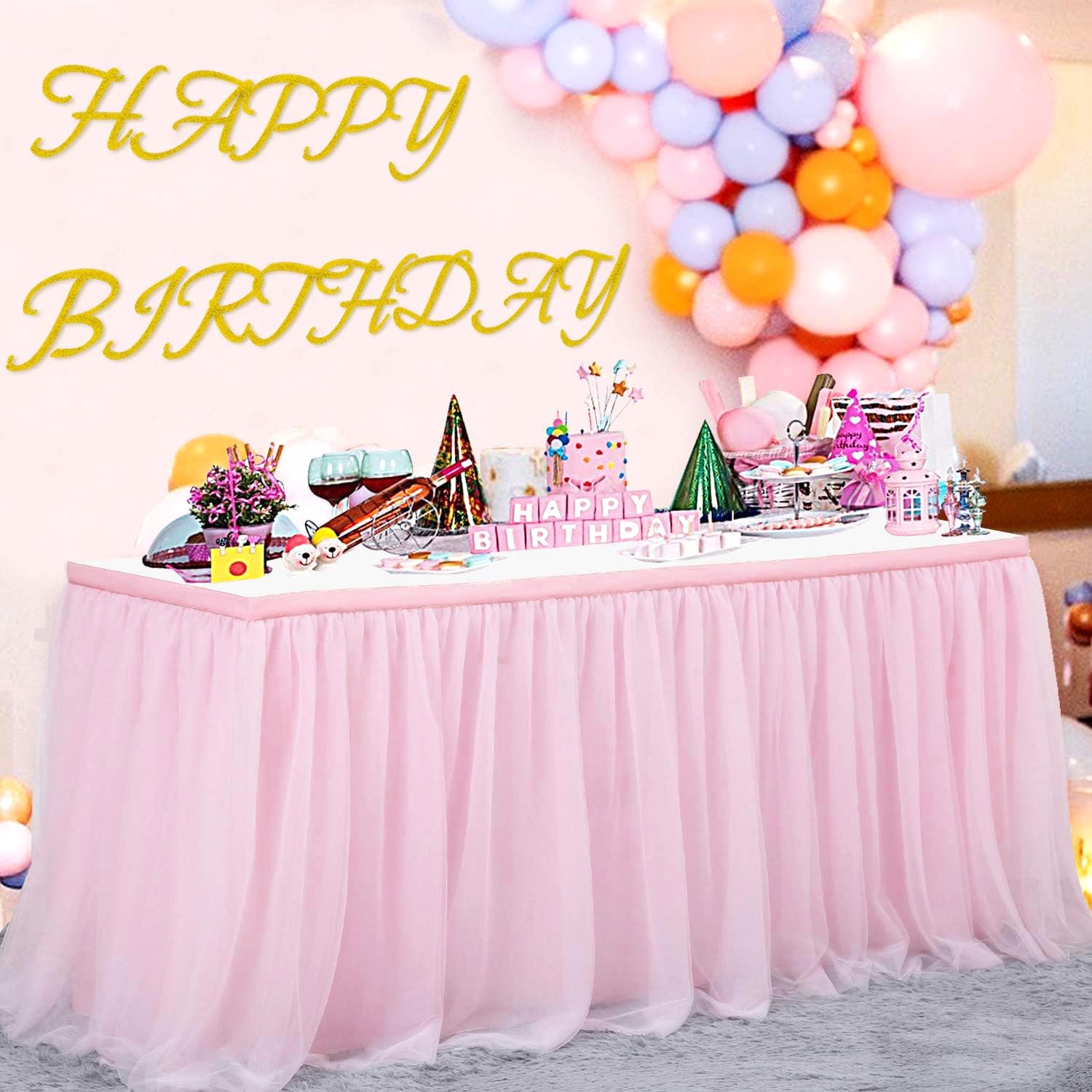 NSSONBEN Tulle Jupe de Table Rose Tutu Jupe de Table Maille Moelleux Table de Plinthe pour la fête, Mariage fête d'anniversaire Douche de bébé décoration de la Maison L427cm*H77cm