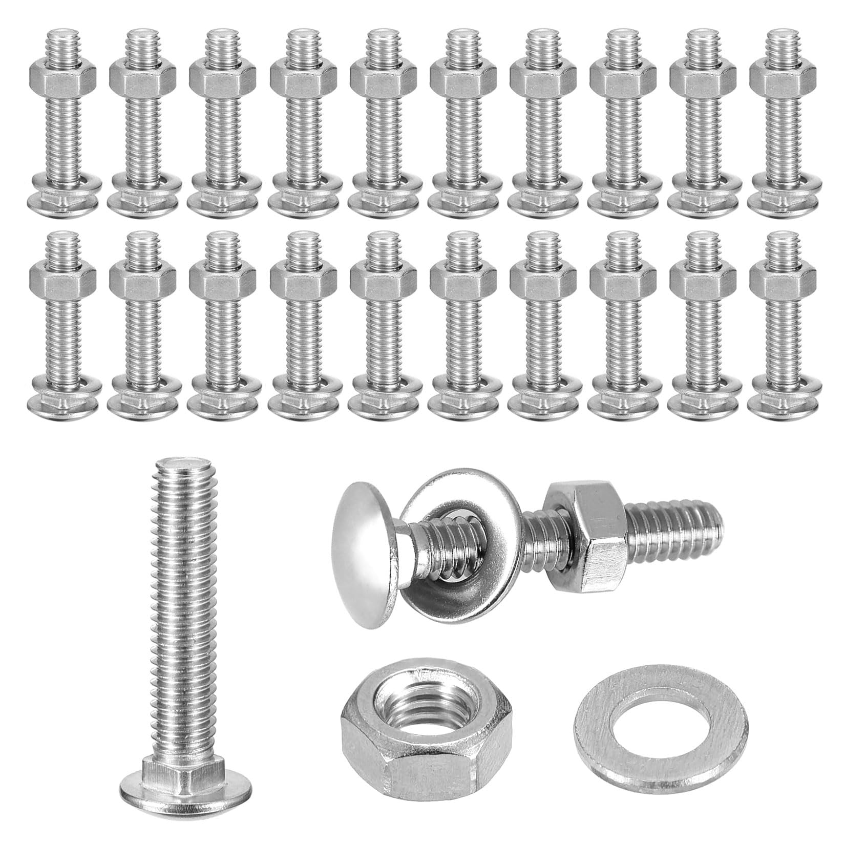 25 Pezzi Viti a Testa Tonda m6 x 60mm, Bullone Carrello, Vite a Testa Tonda Piatta in Acciaio Inox V2A A2, Bulloni a Testa Piatta Tondacon Dadi e Rondelle, Bulloni Dadi Set