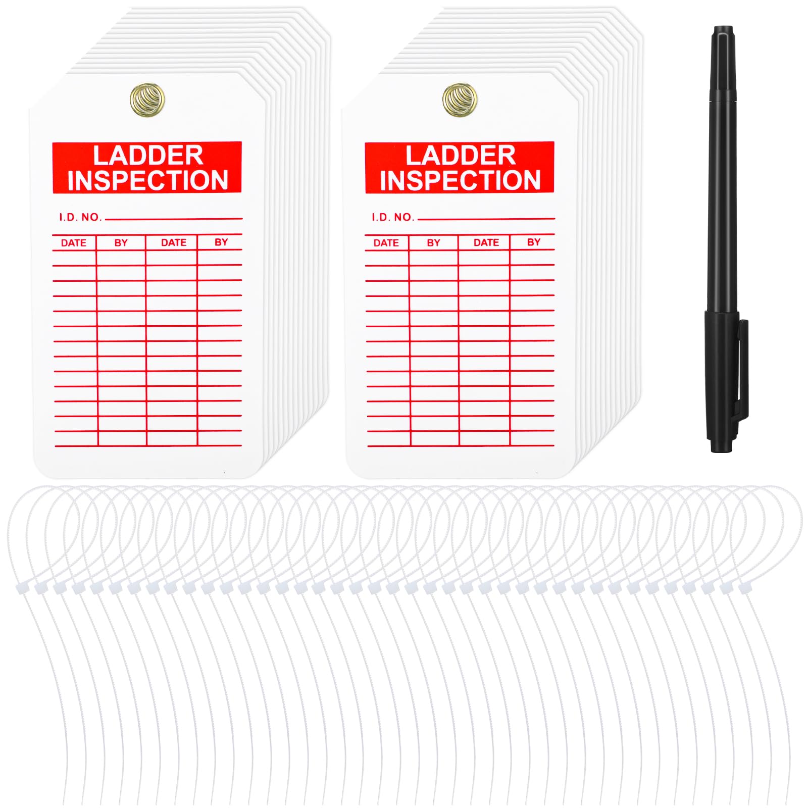ForraFun 30 PCS Ladder Inspection Record Tags - 3.25" x 5.75" x 0.02'' Double-Sided Safety Accident Prevention Tags with 30 Cable Ties & 1 Pen for Industrial Commercial or Public Environments
