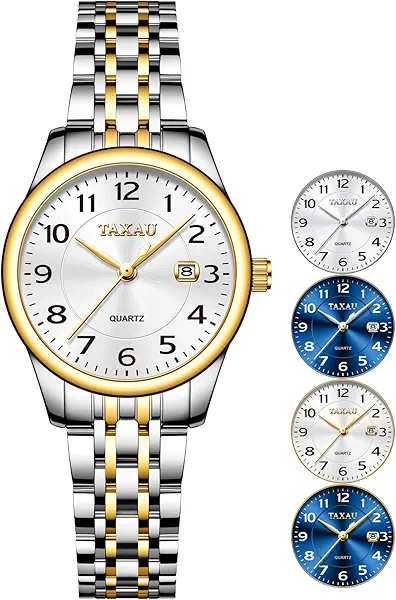 Taxau Women Dress Watches Elegent Waterproof Ladies Watch with Date Large Arabic Numerals Two Tone Stainless Steel Analog Quartz Small Wrist Watch Reloj Mujer