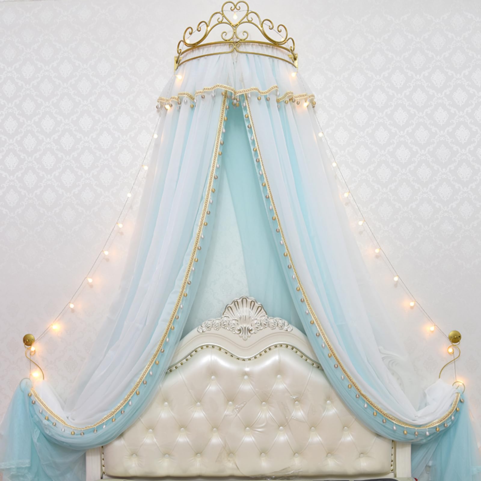 ZFPKXHVMG 4 Opening Mosquito Net, Princess Lace Metal Crown Bed Canopy Mosquito Net Multicolor Multiple Sizes(Sky Blue,1.2m Bed)