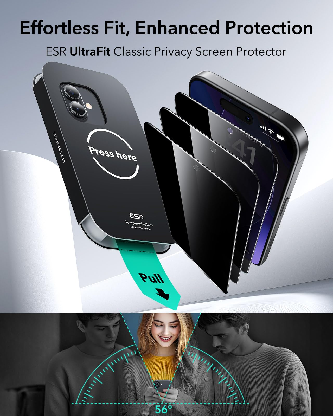 ESR Privacy Pellicola Vetro per iPhone 17/16 Pro, Qualità militare, Infrangibili, Con durezza 9H e protezione della privacy, Complete di supporto UltraFit, 3 Pezzi