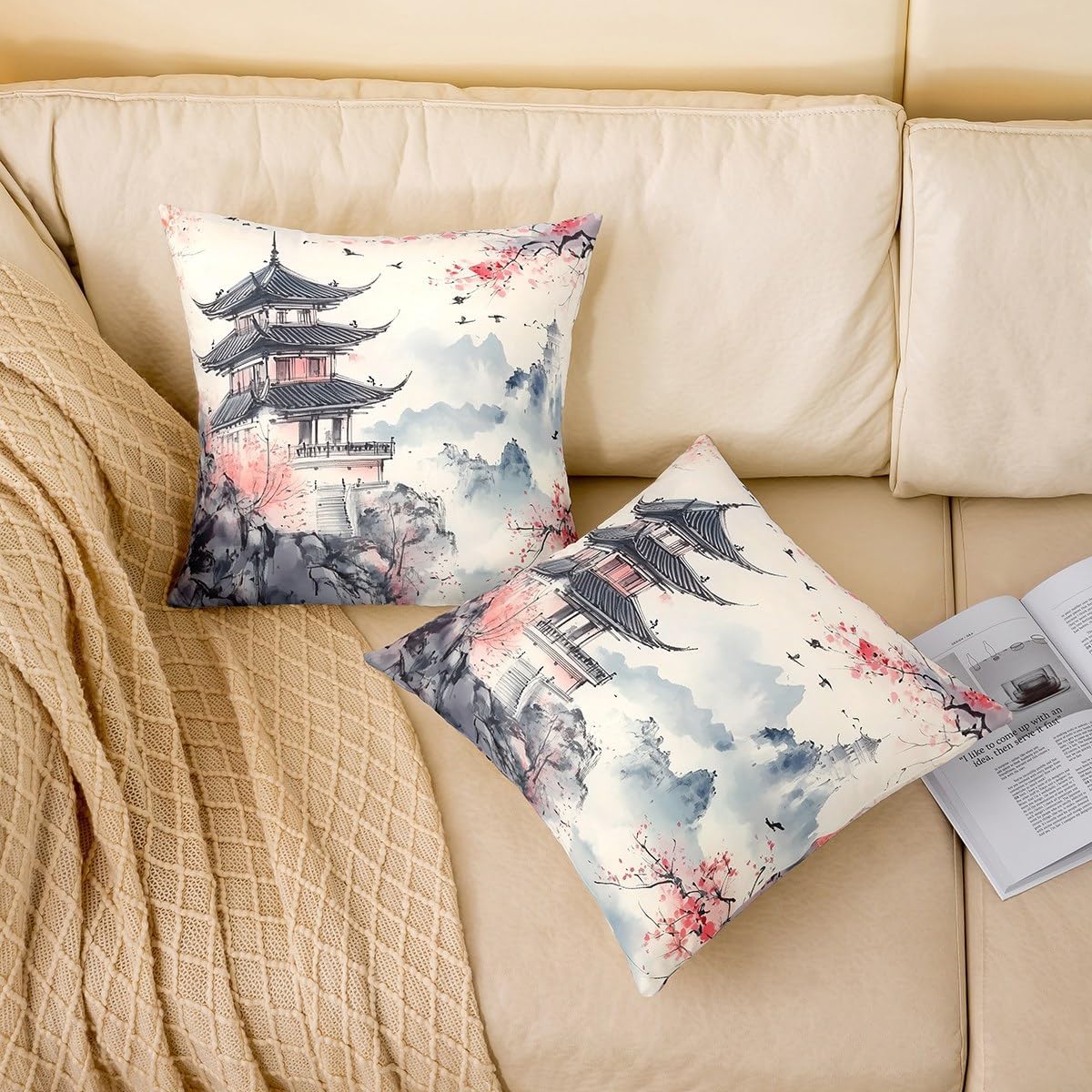 Erosebridal Pavilions Cushion Cover 16x16 Inch Chinese Ink Decorative Pillowcase for Teens Adults Anime Japanese Floral White Pink Red Cushion Case Soft Throw Pillow Cover image 2