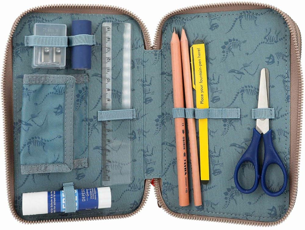 Depesche Dino World 12381 Trousse à 3 Compartiments LED Marron Kaki