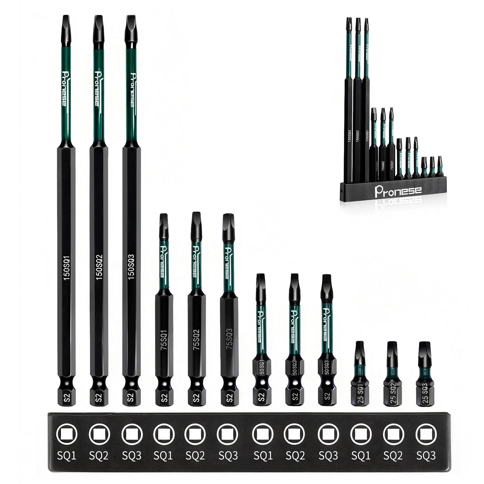 Pronese 12Pcs Square Screwdriver Bits, 25mm/50mm/75mm/150mm, S2 Steel 1/4”Hex Shank Magnetic Square Head Impact Drill Bits, Robertson Screwdriver Bits SQ1 SQ2 SQ3