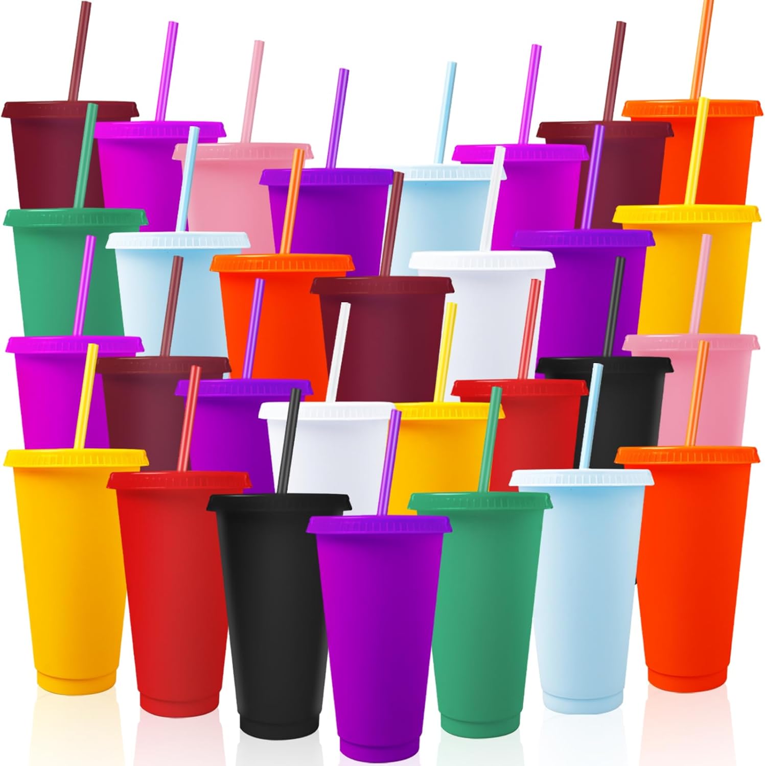 30 Pack Colour Plastic Drinking Cups with Lids & Straws, 700ml Drinking