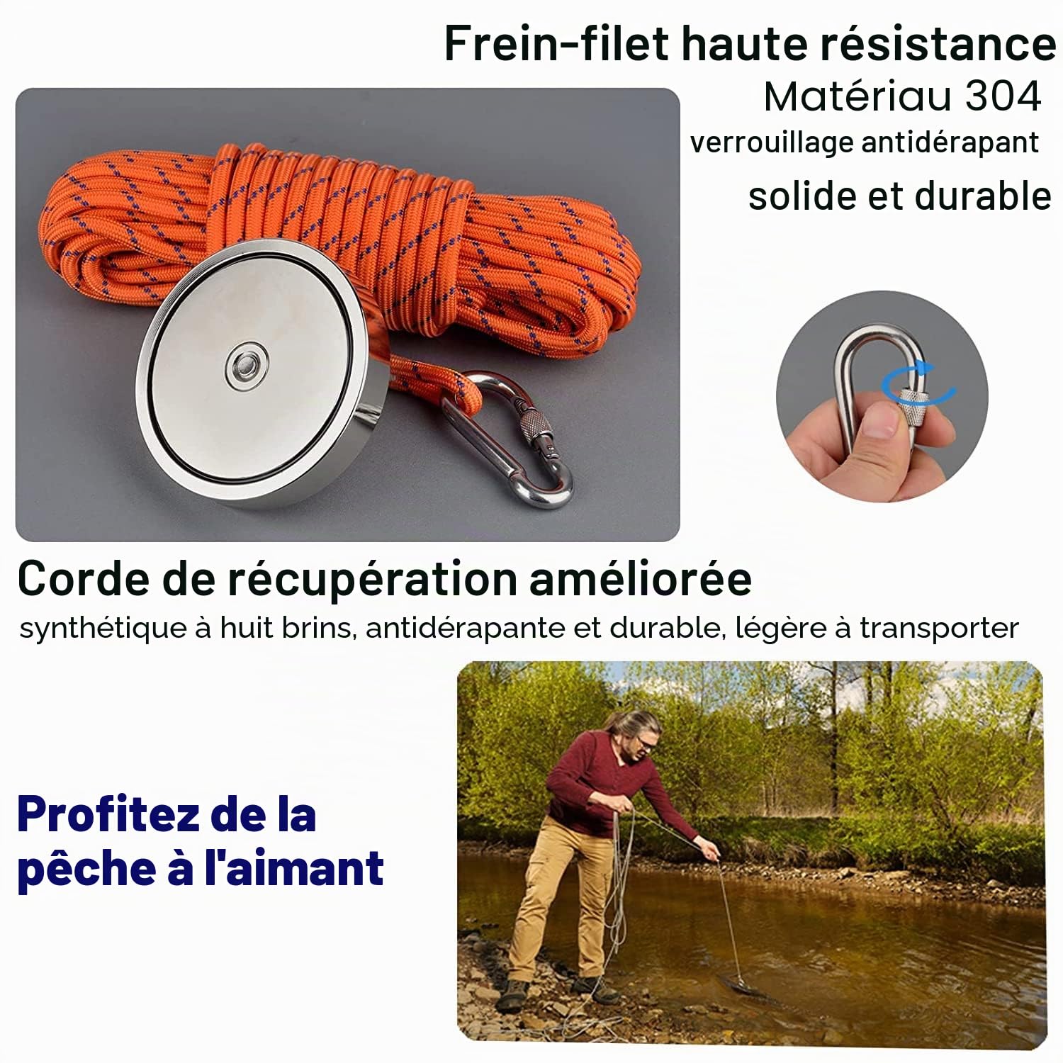 Kit de pêche magnétique 600 kg Force de traction verticale magnétique, aimant en néodyme robuste N52 avec corde durable de 15m,magnétique pour récupérer des trésors dans les rivières…