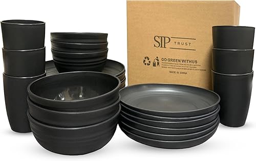 Miniatura 2 de Juego de vajilla de paja de trigo de 24 piezas para 6, juego de platos y cuencos negros reutilizables de cocina, juego de platos negros de plástico
