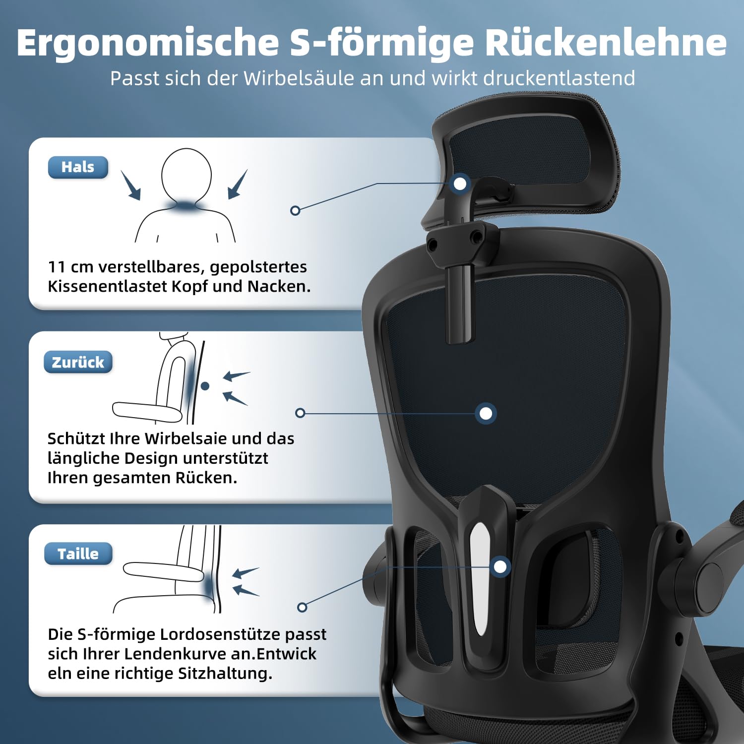 Bürostuhl, Schreibtischsessel mit Kopfstütze und Weiche Lordosenstütze, Bürostuhl ergonomisch mit Wippfunktion bis 130°,Schreibtischstuhl mit klappbaren Armlehnen, Drehstuhl 150 kg,Schwarz