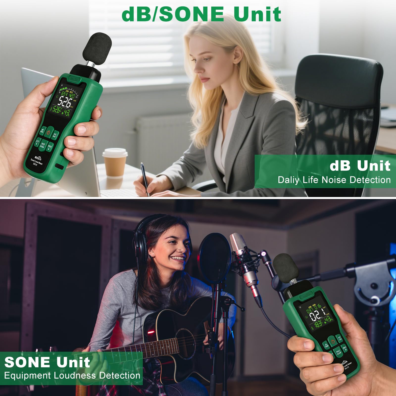 Sonometro, Medidor de Decibelios SQECH que Puede Medir Temperatura y Humedad, Decibelimetro de Pantalla Retroiluminada a Color, Pondération A/C, Unidades dB/SONE, Respuesta rápida/lenta, 30–130dB