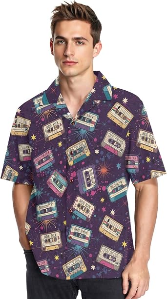 Men Short Sleeve Shirts Cassette Tapes on Purple Button Down Shirt - Lightweight & Breath Hawaiian Shirt
