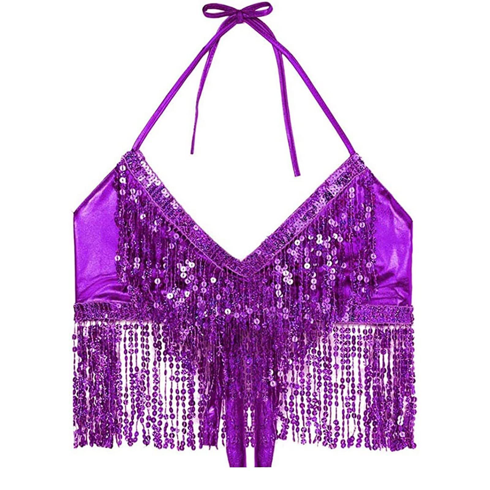 Generisch Camiseta de rayas para mujer, danza del vientre, lentejuelas, sujetador borla, ropa halter tops, moda para mujer