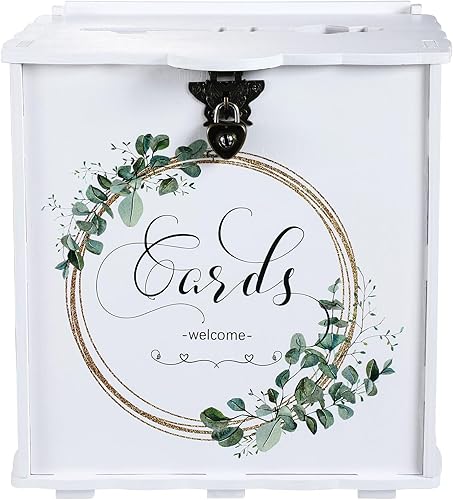 Bucherry Caja de tarjetas de boda con candado, sobre de madera blanca, caja de dinero para recepción, aniversario, graduación, decoración de fiesta