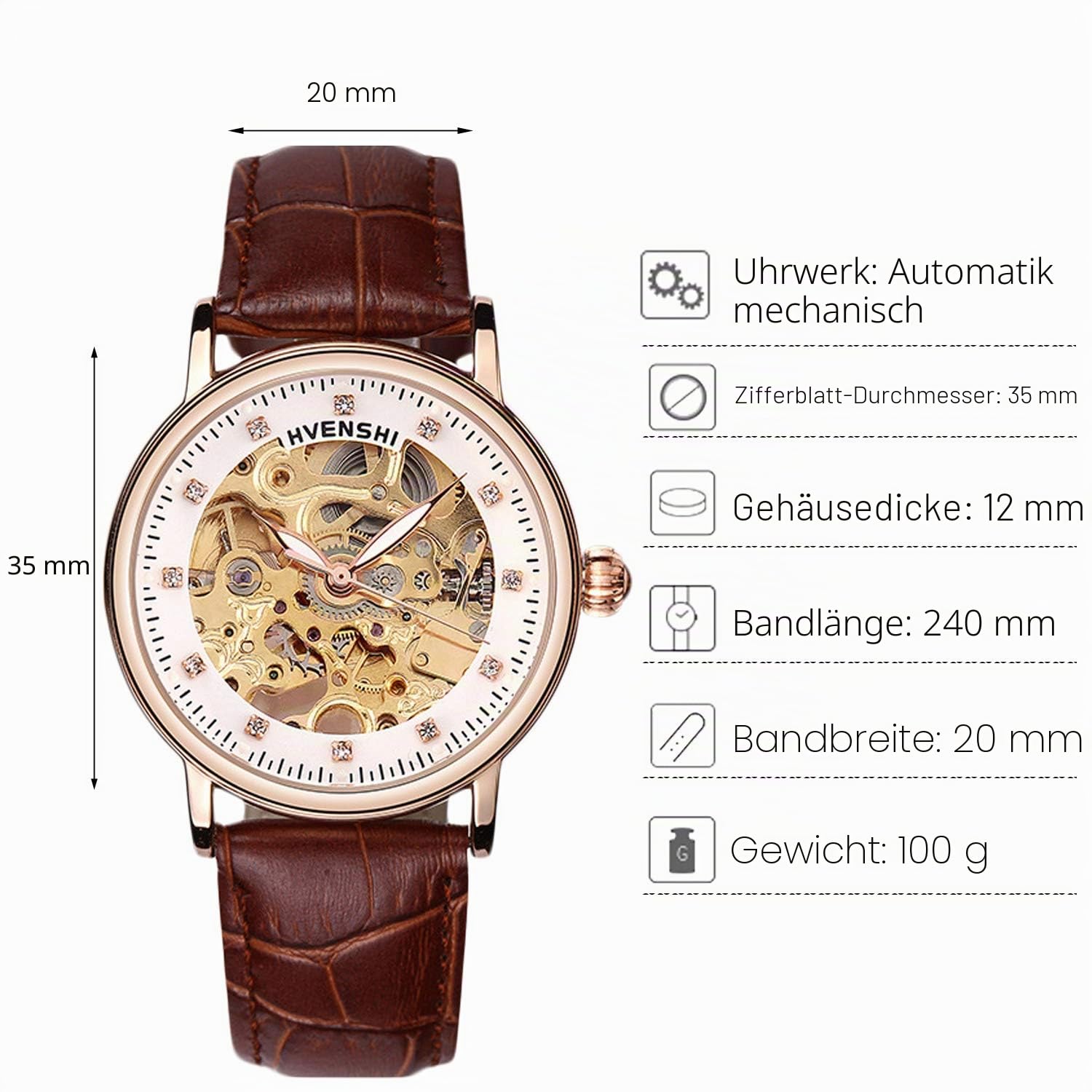 RORIOS Mechanische Armbanduhr, automatisch, für Damen, Leuchtend, Diamant, simuliert, Skelett, Damen Uhren