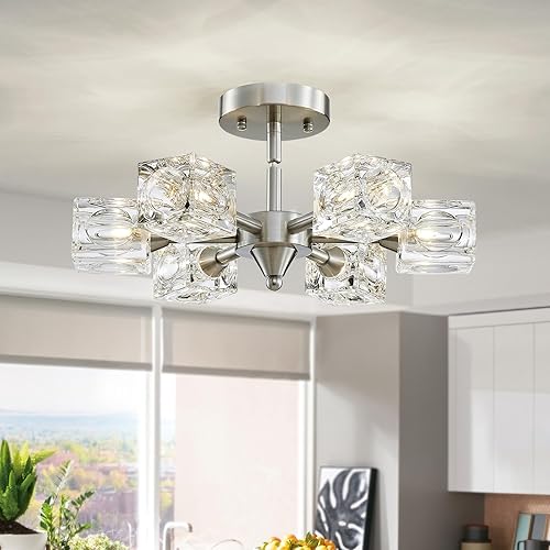 XINGQI Lámpara de techo semiempotrada de 6 luces, 16.9 pulgadas, moderna lámpara de níquel cepillado, lámparas Sputnik para comedor, sala de estar,