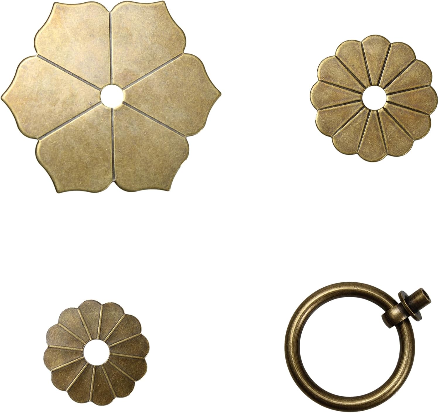4PCS Vintage Drop Ring Pulls Knobs, Brass Flower Shape Dresser Drawer Cabinet Pulls, Antique Single Hole Furniture Pulls Handles, Bronze