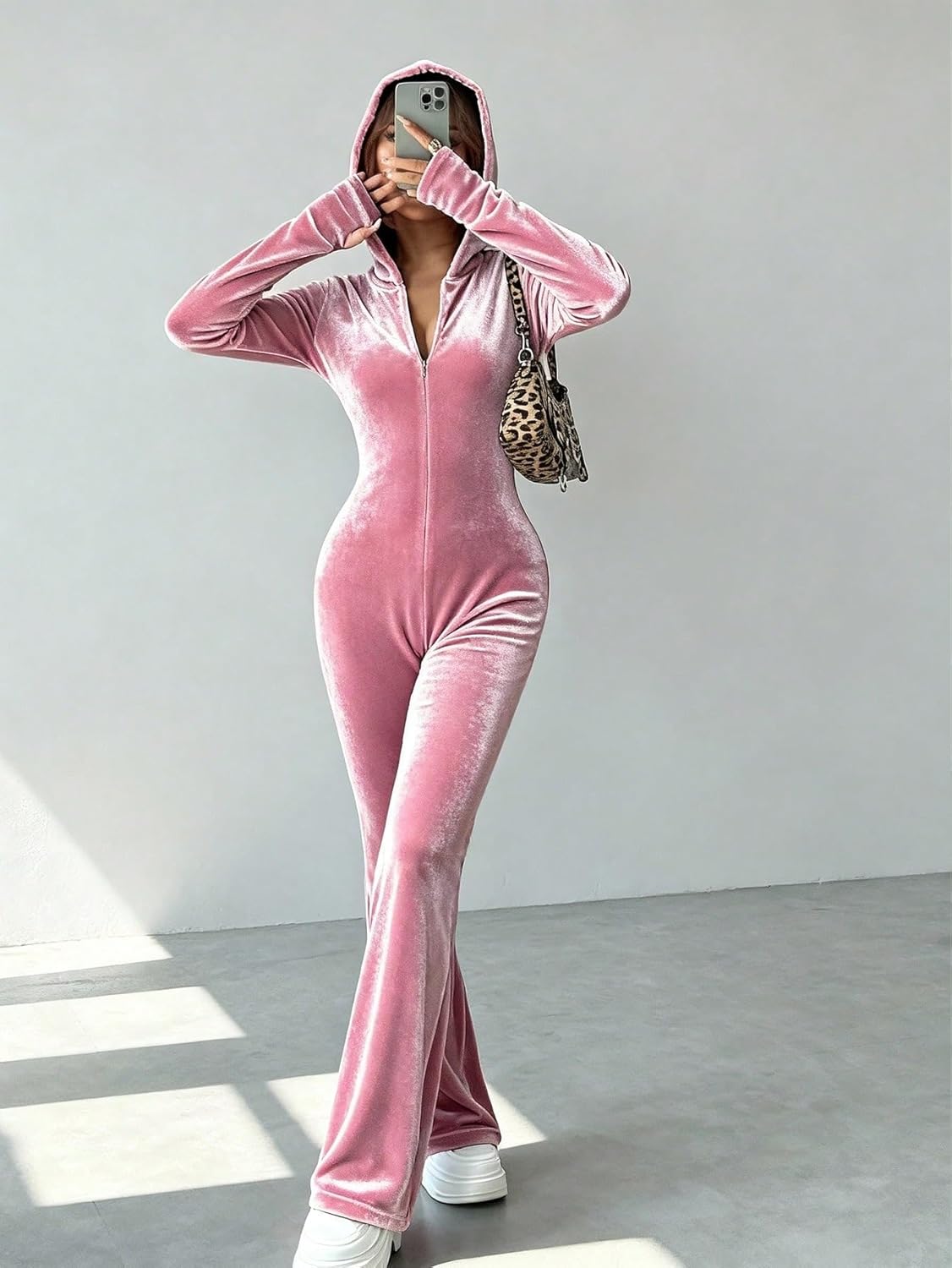 Women's Long Sleeve Hooded Jumpsuit With Zip Front And Flared Pants For Trendy Casual Wear