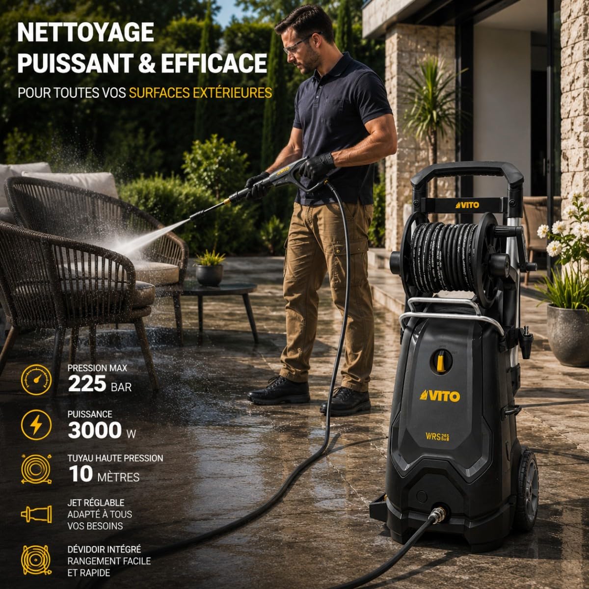 VITO - Nettoyeur Haute Pression 225bar 3000W Moteur Induction Tuyau 10m Jet réglable Dévidoir Nettoyage Terrasse Voiture Mobilier