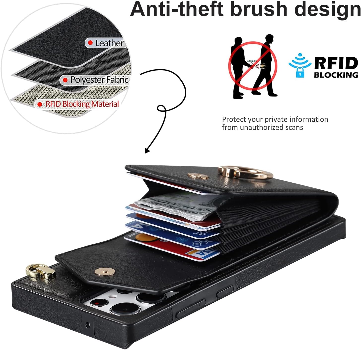 for Samsung Galaxy S24 Ultra Case 5G 6.8 inch, Minimalist Wallet Case with Ring Kickstand and Shoulder Strap, Shockproof Stylish Protective Cover for Galaxy S24 Ultra -Black