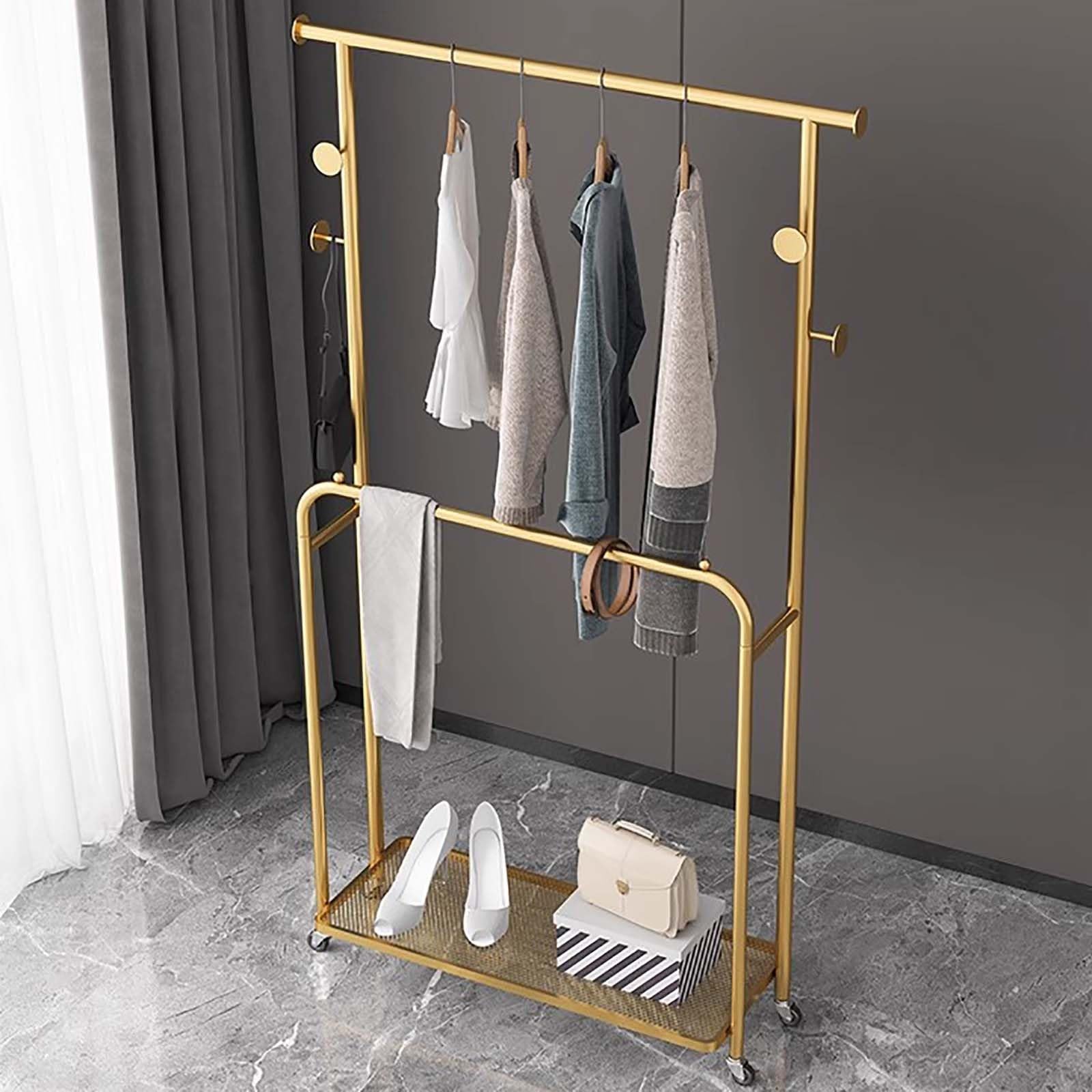 Aycdl Gold Double Rod Rolling Garment Rack With 6 Hoo Multi-Functal Metal Clothes Hanr And Shoe Nizer For Bedroom 60Cm/23.6In - Slish D H,-60Cm/23.6In