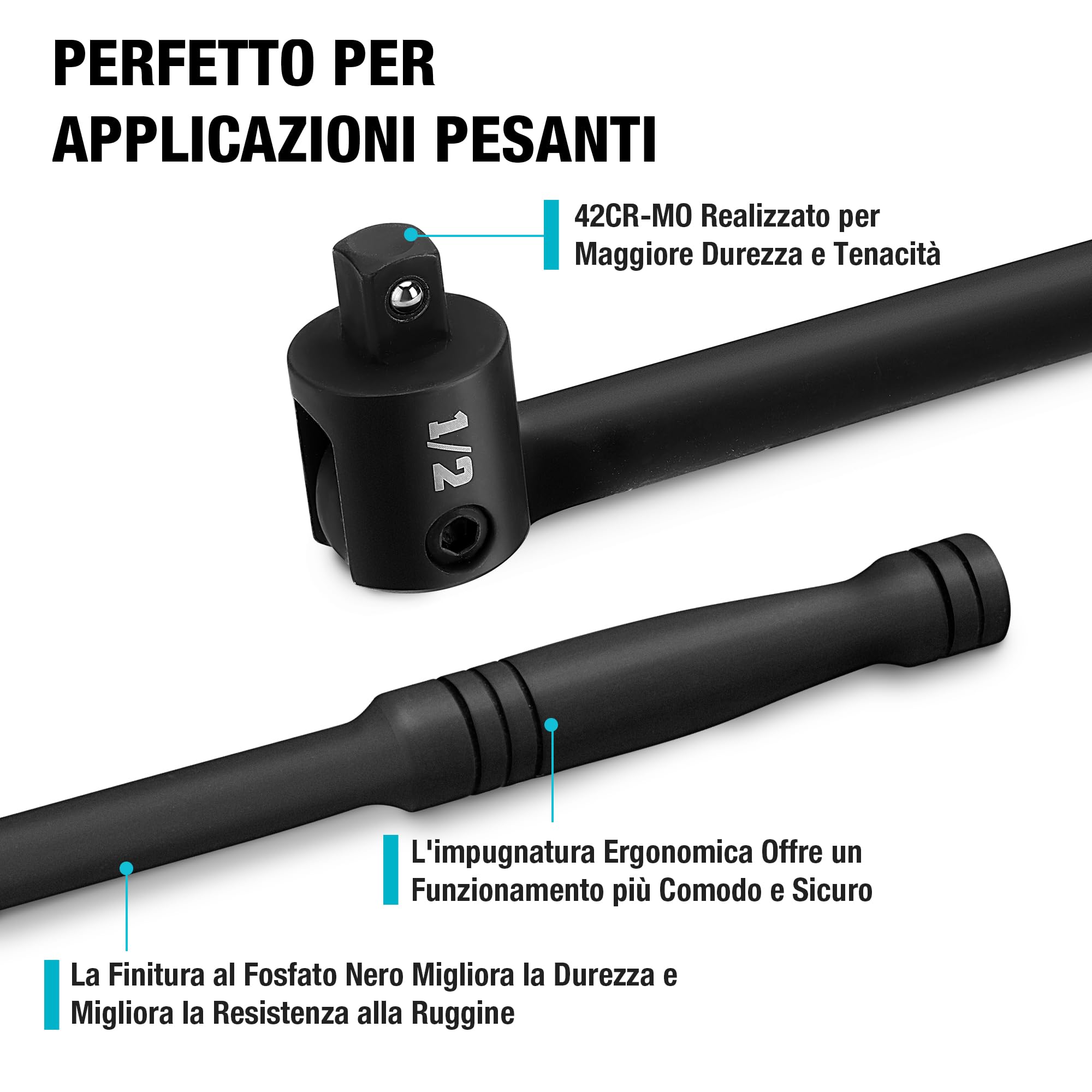 DURATECH Barra di Rottura da 1/2, Lunghezza 600 mm, Con Testa Flessibile a 240°, Barra per Carichi Pesanti con Impugnatura Antiscivolo, Nera