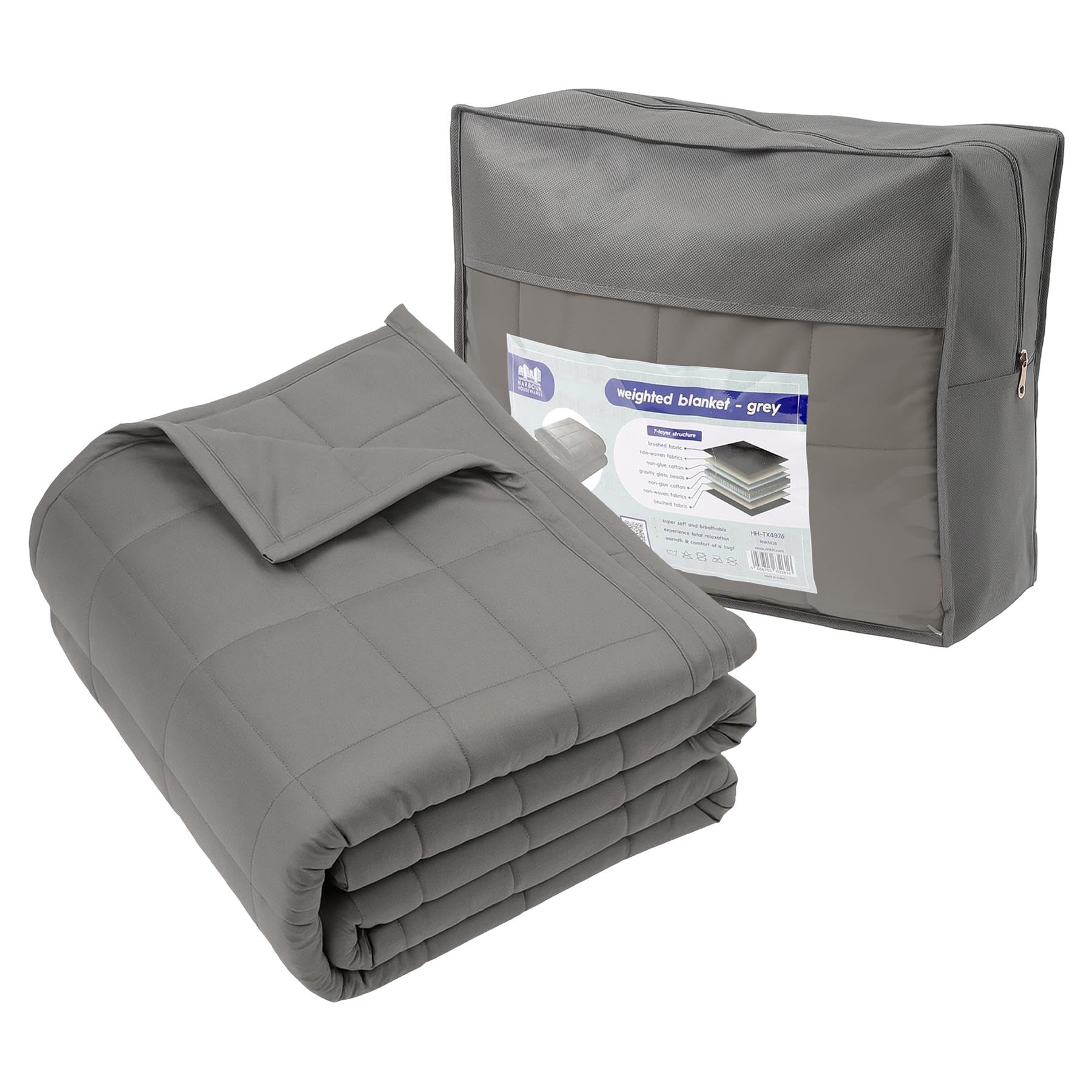 Harbour Housewares Gewichtsdecke mit Aufbewahrungstasche - 150 x 200cm - 8kg - Grau - 1x Schwer Erwachsene Baumwolle Bett Abdeckung Werfen mit Glasperlen | Hochwertige 7-Lagen-Konstruktion | Angst