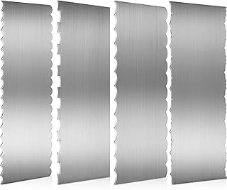 Geiserailie 4 Pieces Stainless Steel Cake Scraper Smoother Large Double Sided Patterned Edge Stripe 9 Inch Metal Cake Decorating Comb for Icing Mousse Butter Cream Decoration, 4 Styles