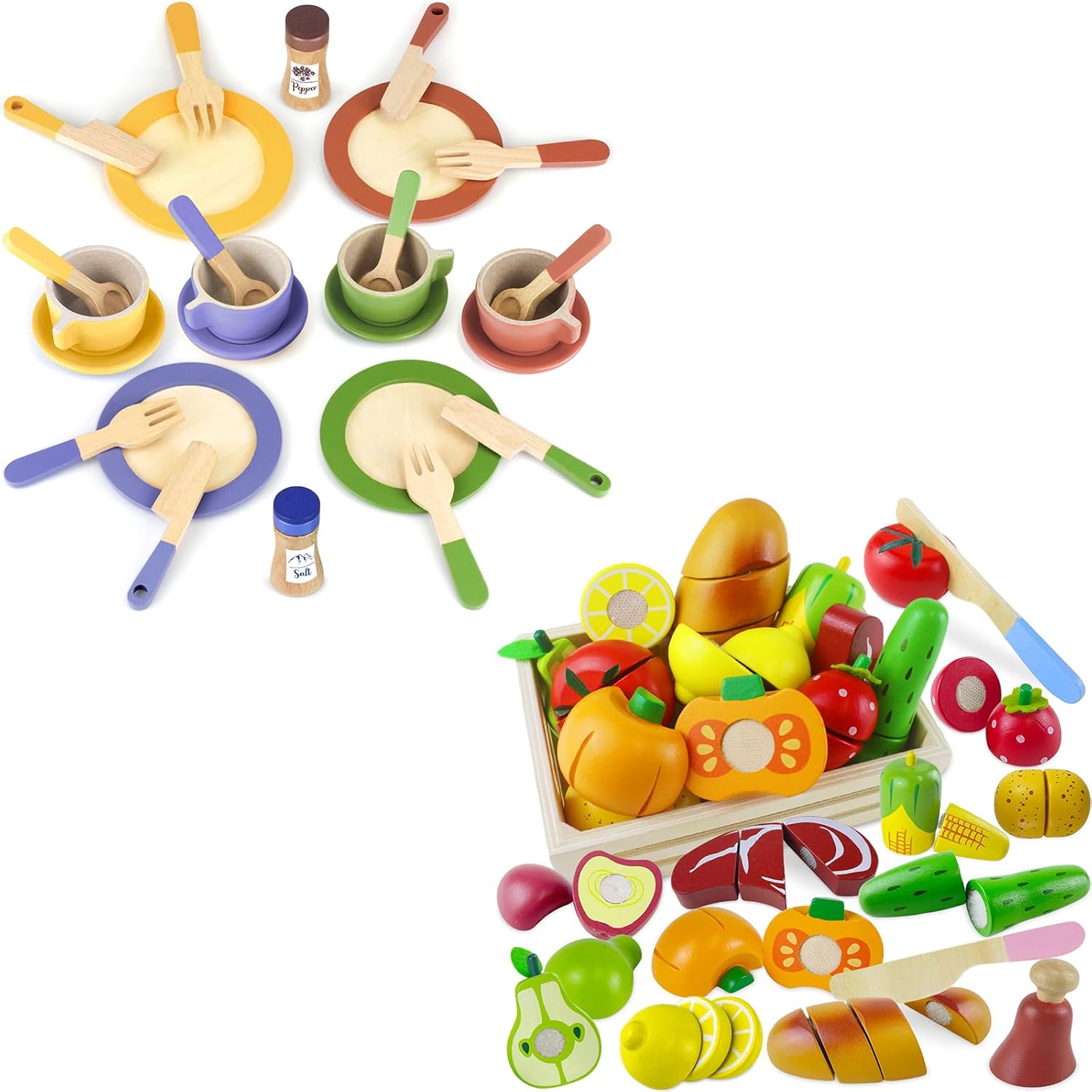 Wooden Play Dishes and Plates Kitchen Accessories Toys and Wooden Cutting Fruit Play Food Set Toy