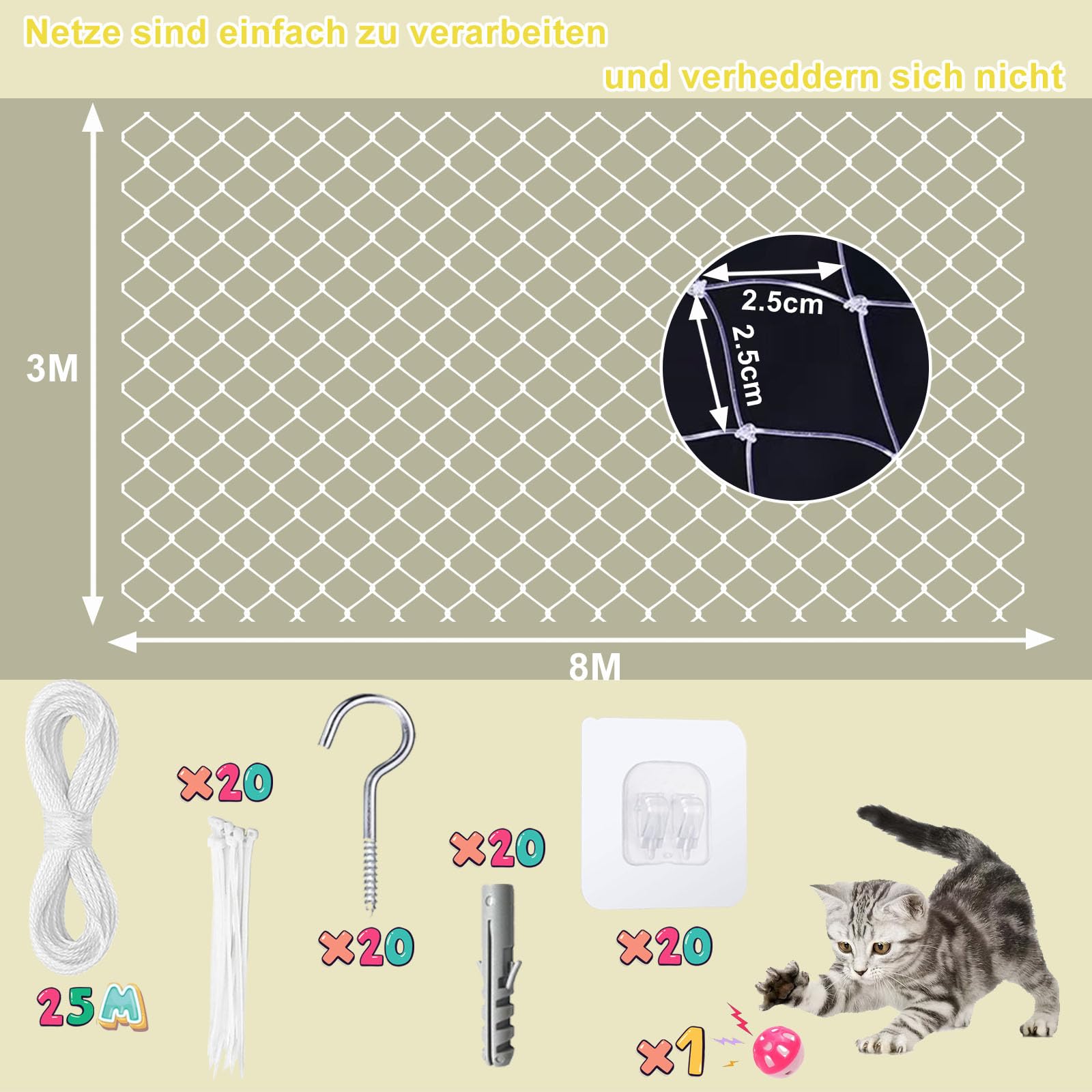 Katzennetz für Balkon ohne Bohren, LIEOLGOH 3x8m Transparentes Katzenschutznetz, Katzenschutz-Netz mit Befestigungsseil und Zubehör, Wetterfest & UV-beständig Geeignet für Fenster,Oberlichter,Terrasse