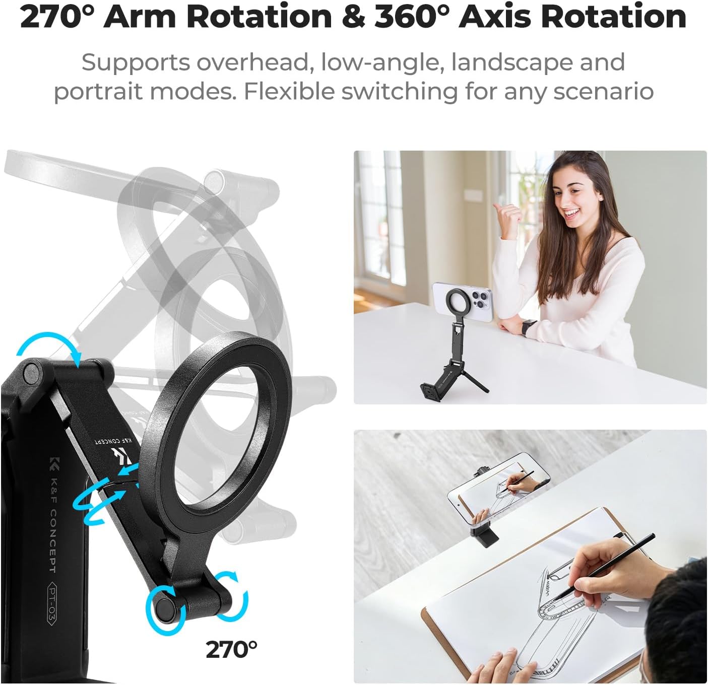 K&F CONCEPT 360° Rotating Magnetic Phone Tripod, 4-in-1 Portable Aluminum Magnetic Tripod for iPhone 17/16/15/14 Pro Max, Phone Stand Fits Vlog, Gym, Travel Accessories, Black