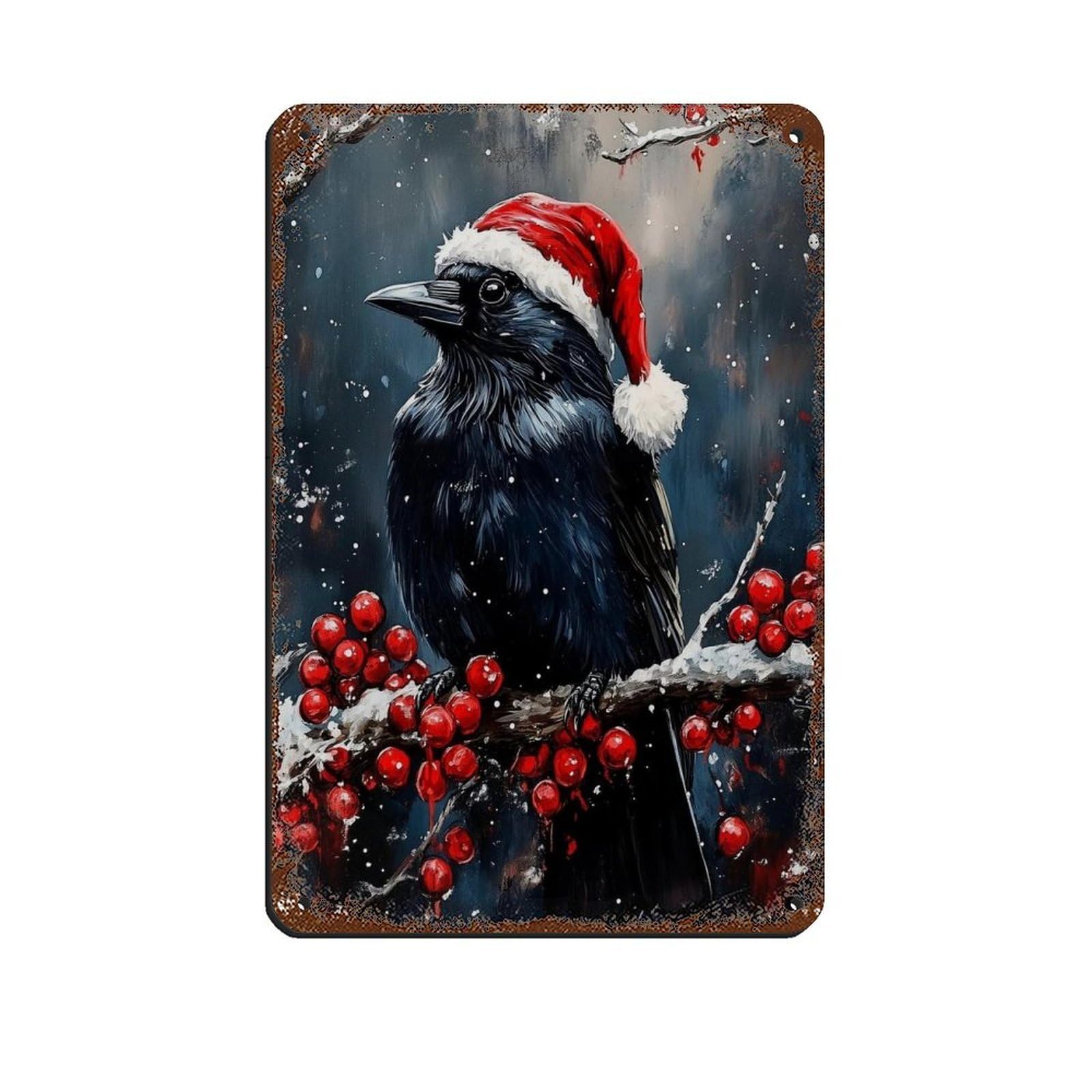 Raven on Holly Branch, Vintage Christmas Raven Art Tin Sign Vintage Metal Pub Club Cafe Bar Home Wall Art Decoration Poster Retro 8x12inch(20x30cm)