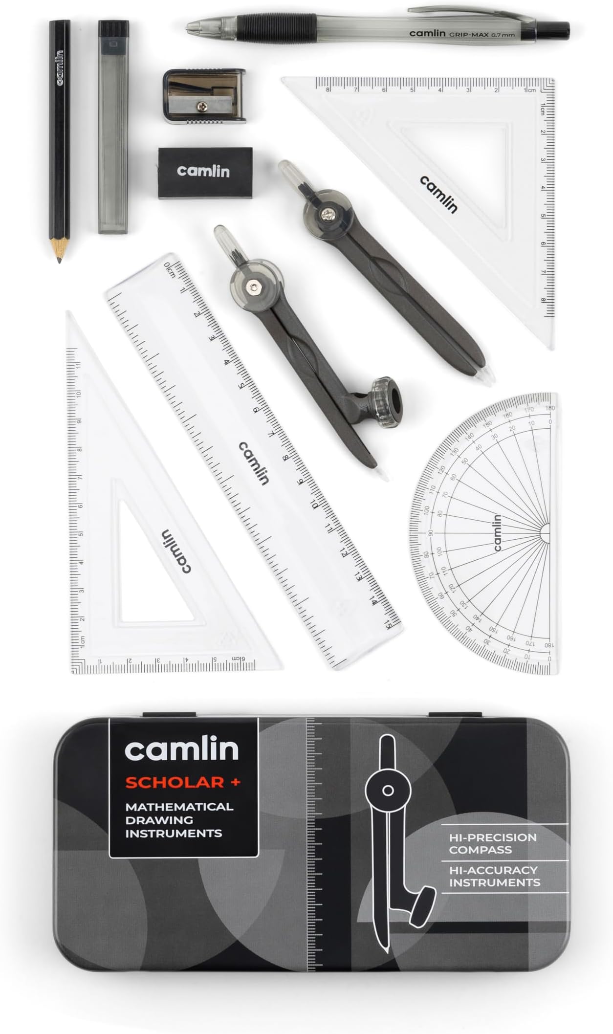 Camlin Mathematical Drawing Instruments Scholar (4899168): Compass, Protractor, Set Squares, Divider, Pencil, Eraser, Sharpener, Scale, 0.7 mm Mechanical Pencil & Lead.