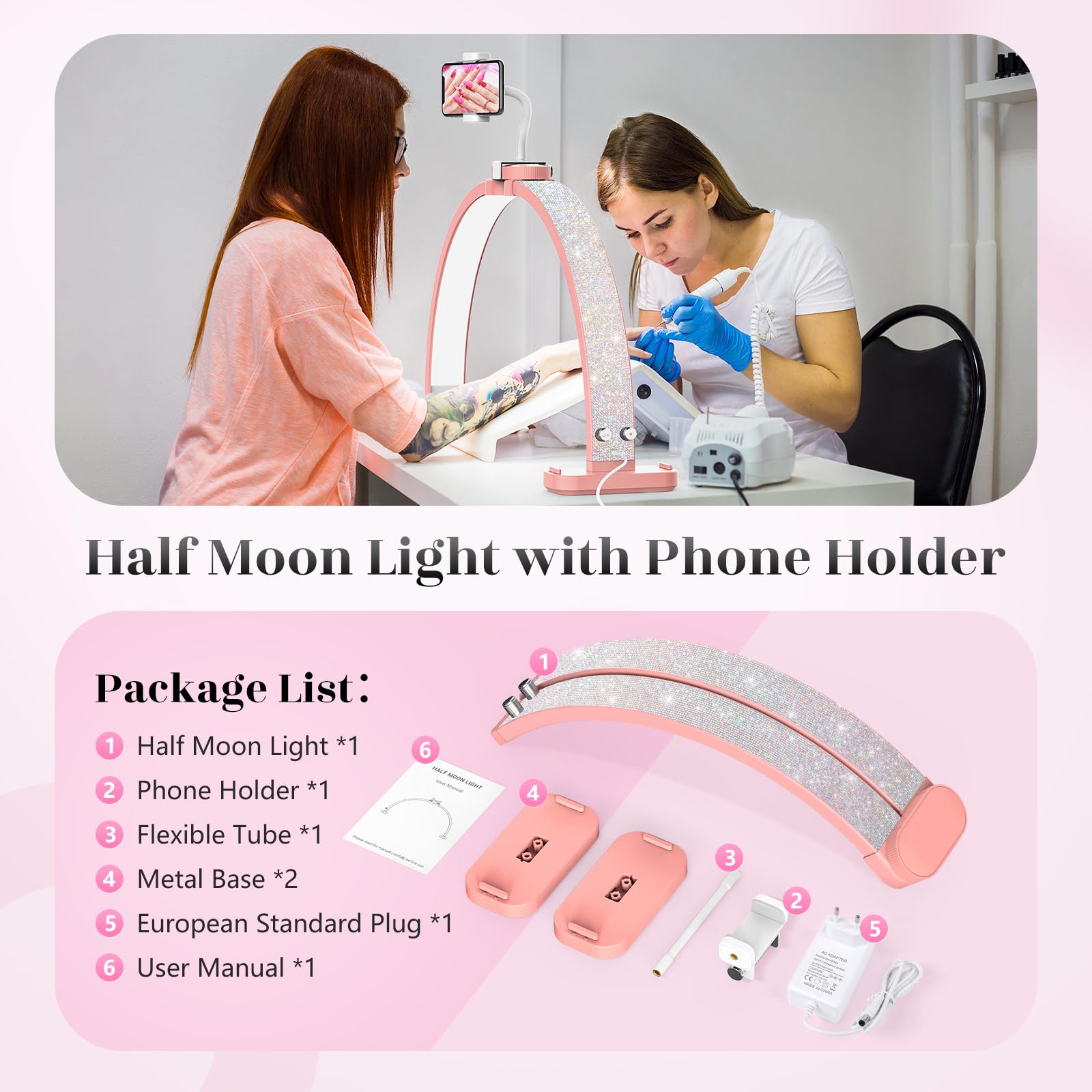 Media Luna Lámpara para Uñas: 30" Lampara Media Luna con Soporte - 3 Modos de Color y 10 Niveles de Brillo Ajustables para Manicura (Diamante, Rosa)