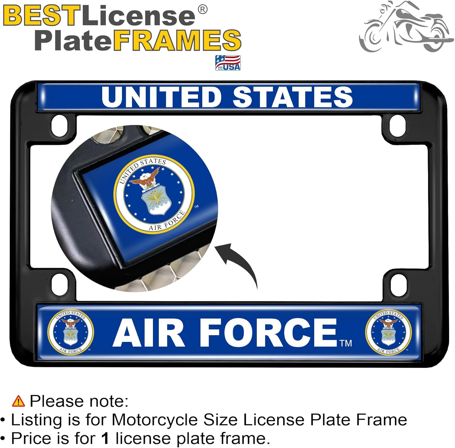 [Officially Licensed Product] - Motorcycle Metal License Plate Frame with United States Air Force, USAF Design - Black